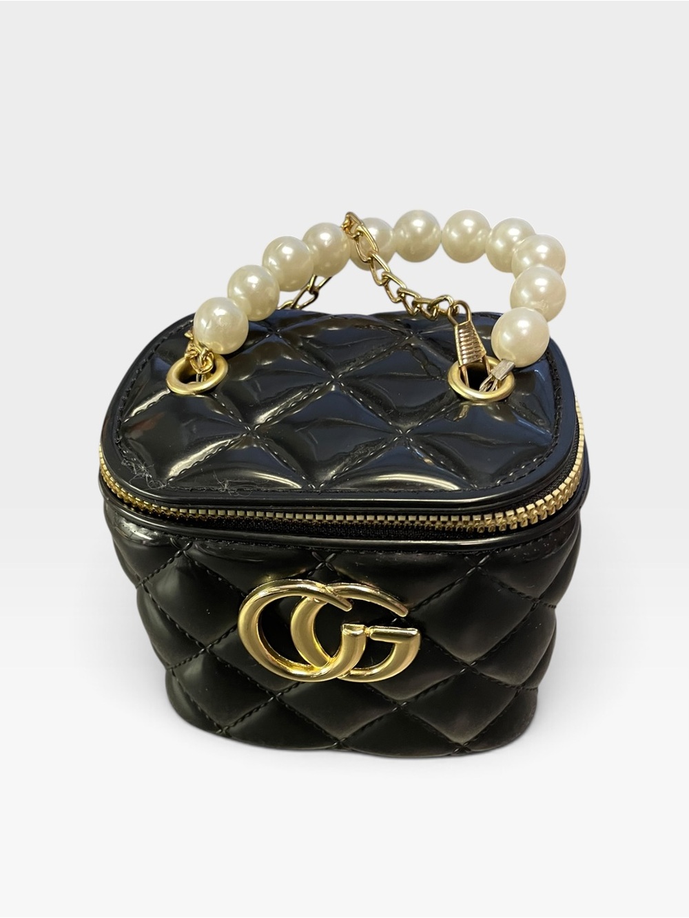 Fashion Black Quilted Pearl-Handle Vanity Case with Gold Hardware